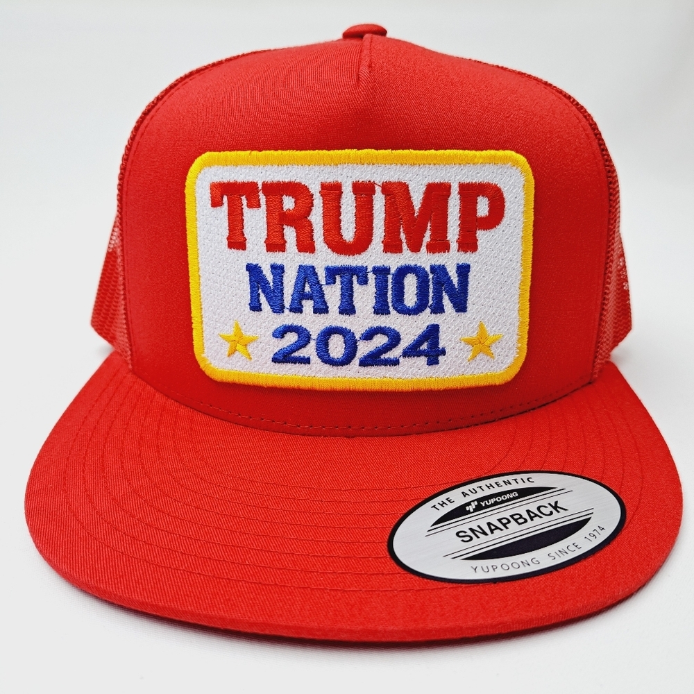 Trump Nation MAGA Embroidered patch Flat Bill Trucker Mesh Snapback Cap Hat Red
